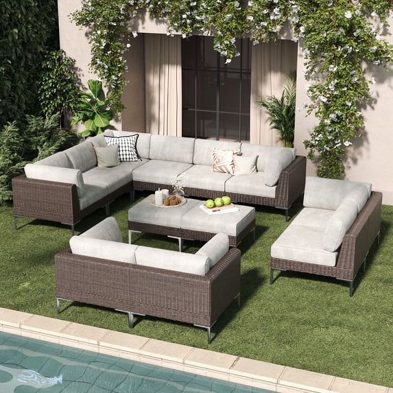 LayinSun 12-Piece Wicker Rattan Patio Furniture Set, Deep Seating Outdoor Modular Sectional Sofa Conversation Set with Thick Cushions for Lawn, Garden