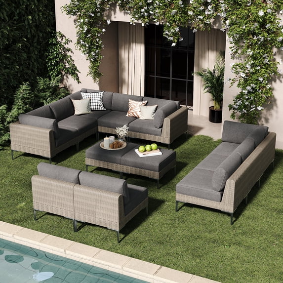 LayinSun 12-Piece Wicker Rattan Patio Furniture Set, Deep Seating Outdoor Modular Sectional Sofa Conversation Set with Thick Cushions for Lawn, Garden