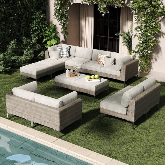 LayinSun 12-Piece Wicker Rattan Patio Furniture Set, Deep Seating Outdoor Modular Sectional Sofa Conversation Set with Thick Cushions for Lawn, Garden