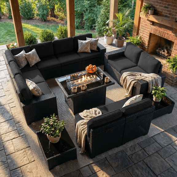LayinSun 13 Pieces Outdoor Patio Furniture Set with 44" Fire Pit Table Black Rattan Sectional Sofa Conversation Sets