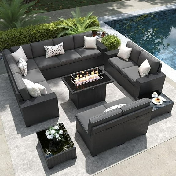 LayinSun 13 Pieces Outdoor Patio Furniture Set with 44" Fire Pit Table Black Rattan Sectional Sofa Conversation Sets