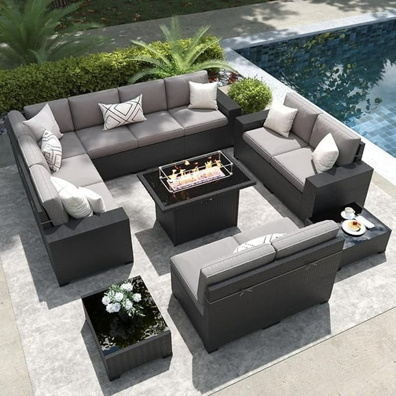 LayinSun 13 Pieces Outdoor Patio Furniture Set with 44" Fire Pit Table Black Rattan Sectional Sofa Conversation Sets