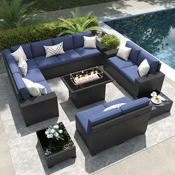 LayinSun 13 Pieces Outdoor Patio Furniture Set with 44" Fire Pit Table Black Rattan Sectional Sofa Conversation Sets
