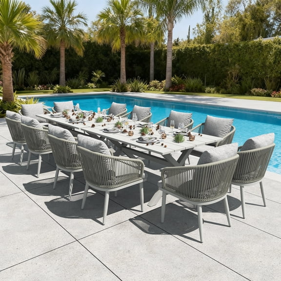 LayinSun 14 Pieces Outdoor Patio Dining Set, Aluminium Rectangular Dining Table and Wicker Rattan Chairs Set for Outside Backyard, Poolside
