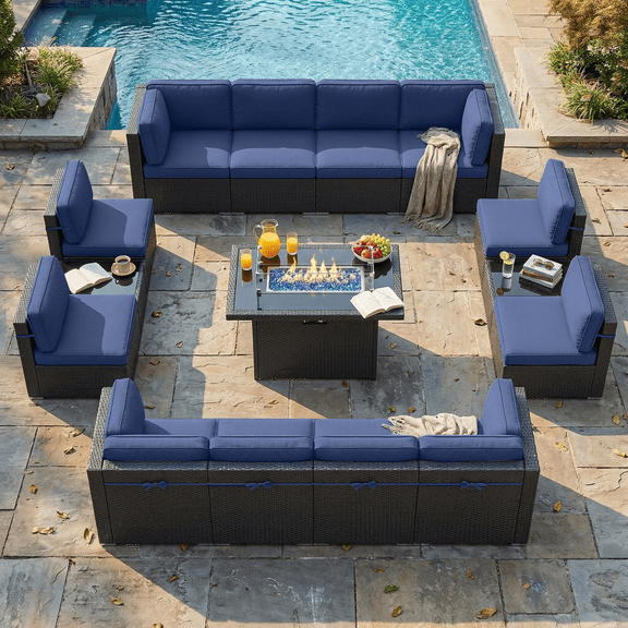 LayinSun 15 Piece Patio Furniture Set with Fire Pit Table, Outdoor Conversation Sets Wicker Rattan Sectional Sofa with Coffee Table