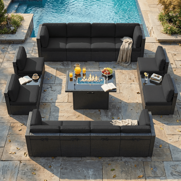 LayinSun 15 Piece Patio Furniture Set with Fire Pit Table, Outdoor Conversation Sets Wicker Rattan Sectional Sofa with Coffee Table