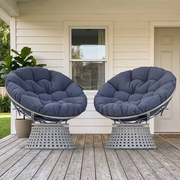 LayinSun 2 Pieces Oversized Outdoor Rattan Swivel Papasan Chair with 6" Soft Thickened Cushion for Patio, Deck, Living Room