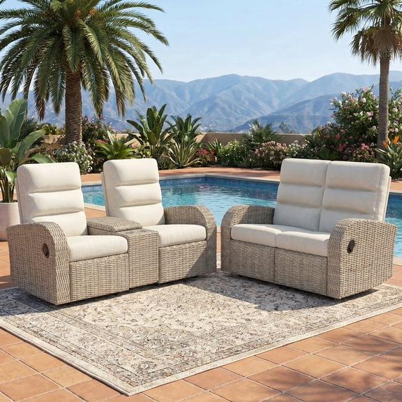 LayinSun 2 Pieces Oversized Wicker Outdoor Reclining Console Loveseat Conversation Set, Recliner Lounge Chair with 6-inch Cushions