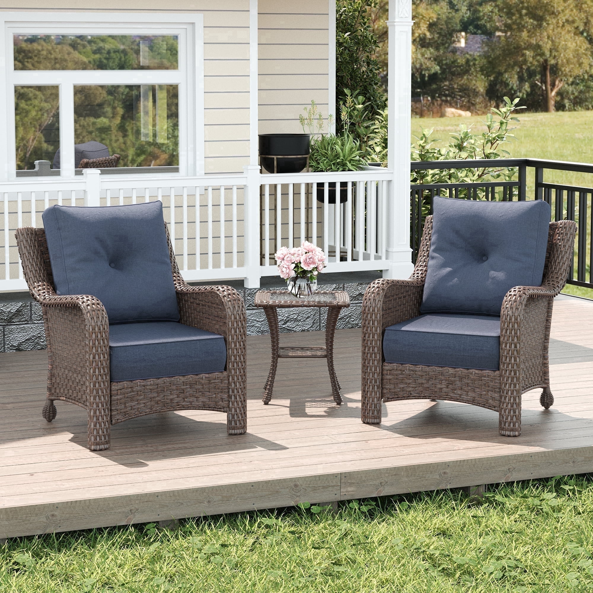 LayinSun 3 Piece Wicker Outdoor Furniture Set with 6-inch Comfy Cushions, High Back Patio Furniture Set with Rattan Armchairs and Side Table