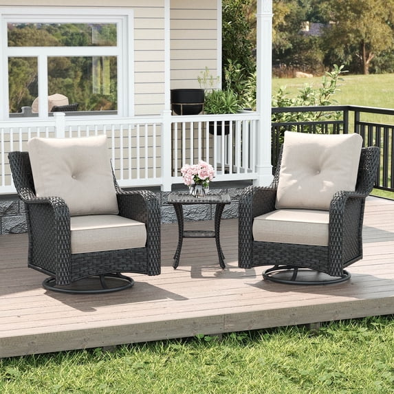LayinSun 3 Piece Wicker Outdoor Furniture Set with 6-inch Comfy Cushions, High Back Patio Furniture Set with Swivel Rocking Chairs and Side Table