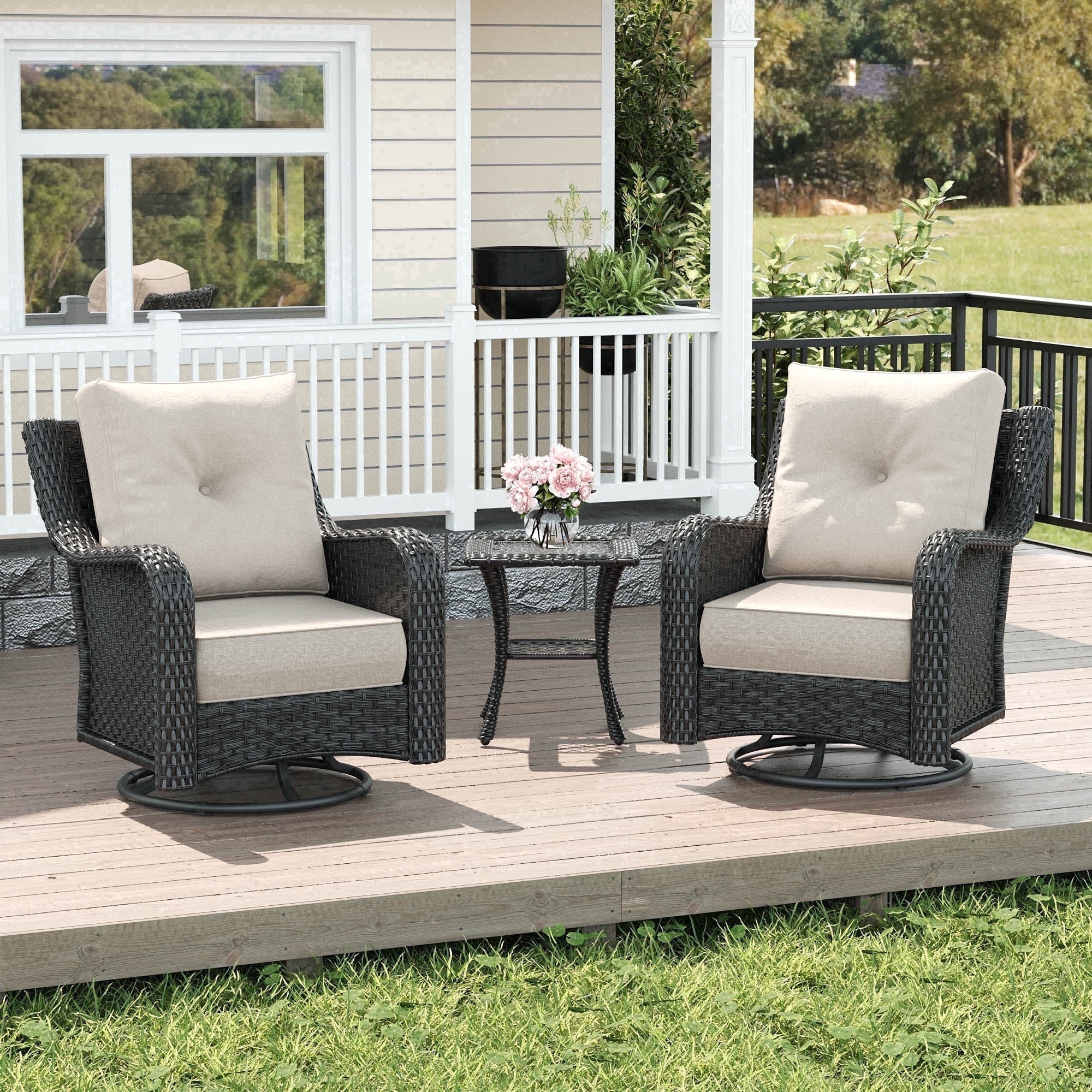 LayinSun 3 Pieces Patio Furniture Sets, Outdoor Wicker Conversation Set with Swivel Chairs and 6" Thick Cushion for Deck Garden Backyard