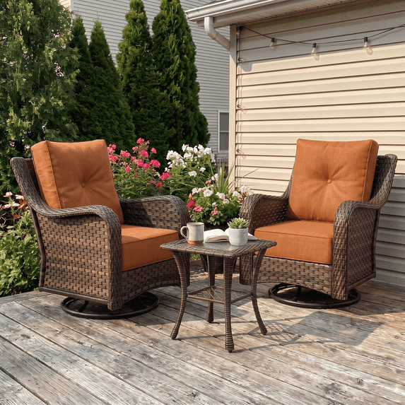 LayinSun 3 Pieces Patio Furniture Sets, Outdoor Wicker Conversation Set with Swivel Chairs and 6" Thick Cushion for Deck Garden Backyard