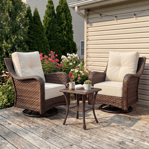LayinSun 3 Pieces Patio Furniture Sets, Outdoor Wicker Conversation Set with Swivel Chairs and 6" Thick Cushion for Deck Garden Backyard
