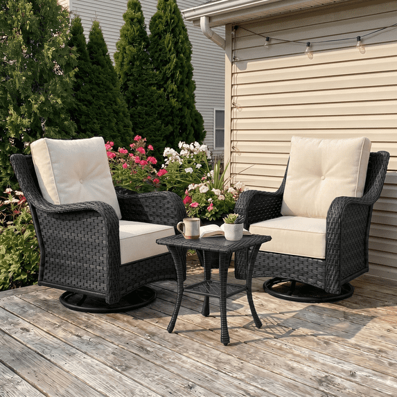 LayinSun 3 Pieces Patio Furniture Sets, Outdoor Wicker Conversation Set with Swivel Chairs and 6" Thick Cushion for Deck Garden Backyard