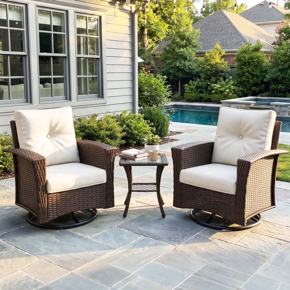 LayinSun 3 Piece Wicker Patio Furniture Set, Classis Outdoor Conversation 360 Degree Swivel Chairs Set with Coffee Table