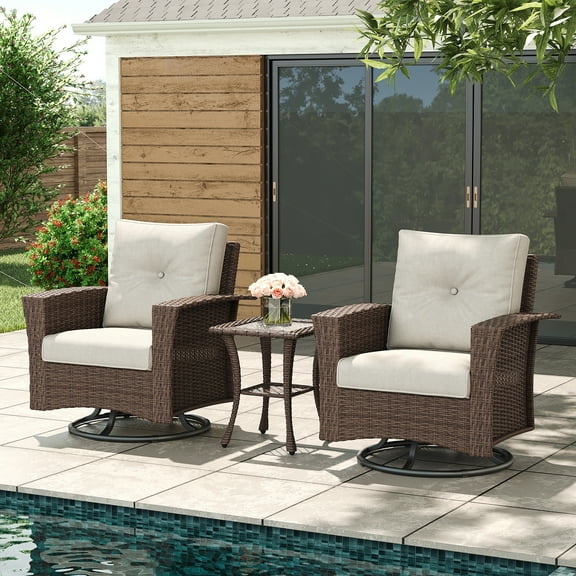 LayinSun 3 Piece Wicker Patio Furniture Set, Classis Outdoor Conversation 360 Degree Swivel Chairs Set with Coffee Table