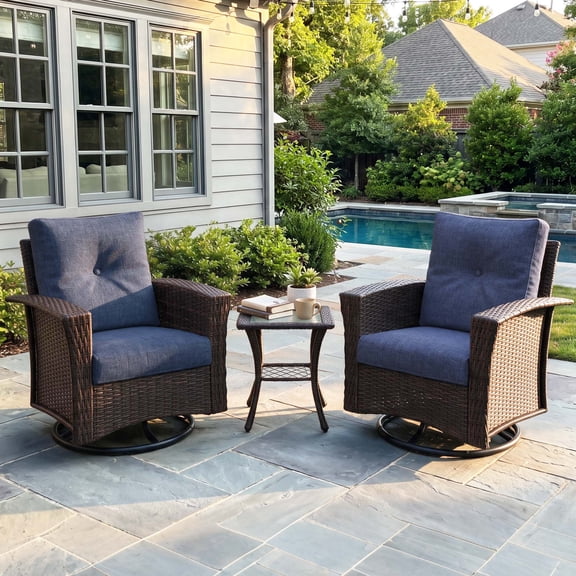 LayinSun 3 Piece Wicker Patio Furniture Set, Classis Outdoor Conversation 360 Degree Swivel Chairs Set with Coffee Table