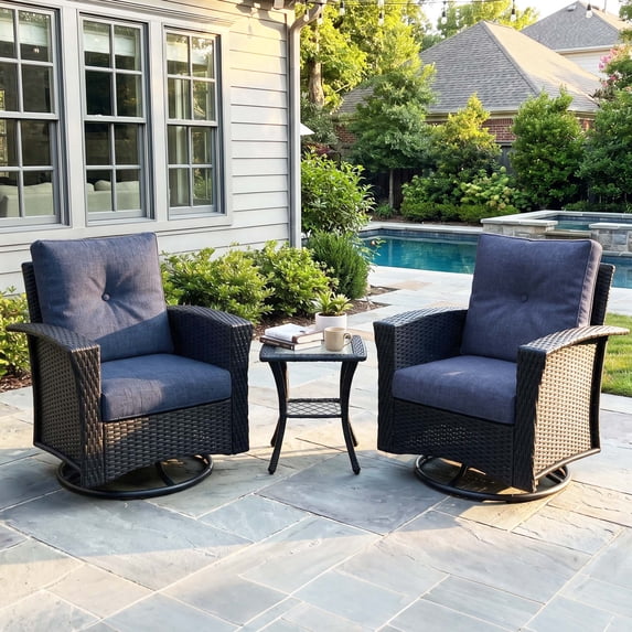 LayinSun 3 Piece Wicker Patio Furniture Set, Classis Outdoor Conversation 360 Degree Swivel Chairs Set with Coffee Table