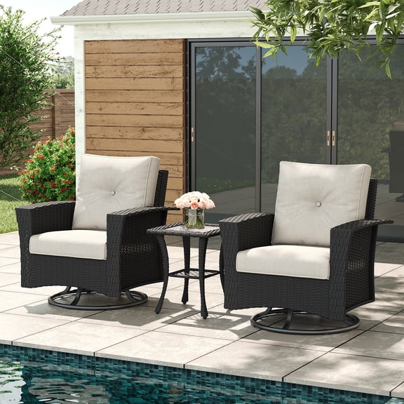 LayinSun 3 Piece Wicker Patio Furniture Set, Classis Outdoor Conversation 360 Degree Swivel Chairs Set with Coffee Table