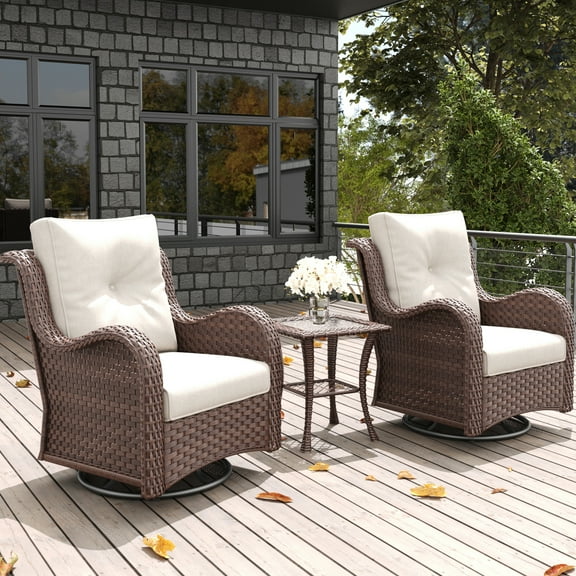 LayinSun 3 Pieces Outdoor Patio Furniture Set, Rattan Wicker Swivel Rocker Chairs Sets with Swivel Glider Chairs and Coffee Table
