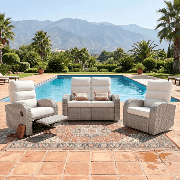 LayinSun 3 Pieces Oversized Wicker Outdoor Recliner Sofa Set, Reclining Loveseat Lounge Chairs with 6-inch Cushions