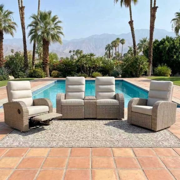 LayinSun 3 Pieces Oversized Wicker Outdoor Recliner Sofa Set, Reclining Loveseat Lounge Chairs with Console and 6-inch Cushions