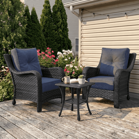 LayinSun 3 Pieces Patio Furniture Set with 6" Thick Outdoor Wicker Armchairs and Side Table for Backyard Deck Balcony
