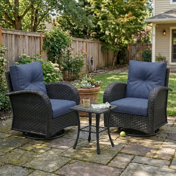 LayinSun 3 Pieces Patio Outdoor Conversation Set, Wicker Furniture Set with Swivel Chairs and Fire Pit Table 2-Seat