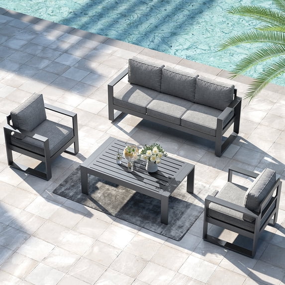 LayinSun 4 Piece Hight Back Aluminum Outdoor Furniture Set with Coffee Table, Modern Patio Conversation Sets