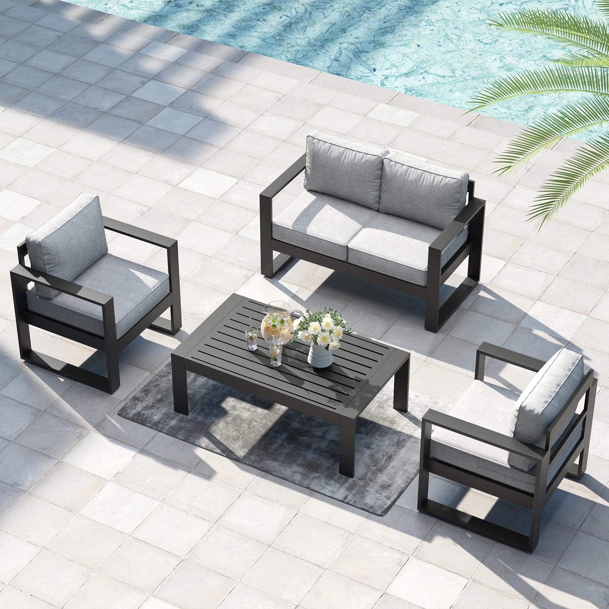 LayinSun 4 Piece Hight Back Aluminum Outdoor Furniture Set with Coffee Table, Modern Patio Conversation Sets