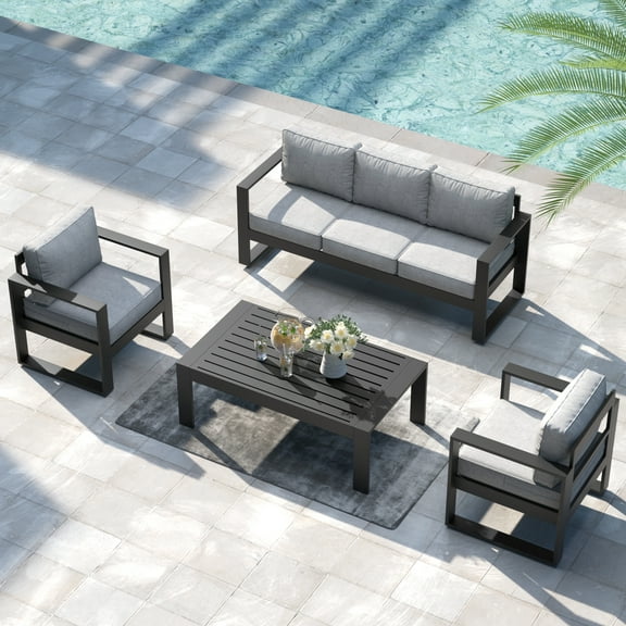 LayinSun 4 Piece Hight Back Aluminum Outdoor Furniture Set with Coffee Table, Modern Patio Conversation Sets