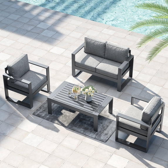 LayinSun 4 Piece Hight Back Aluminum Outdoor Furniture Set with Coffee Table, Modern Patio Conversation Sets