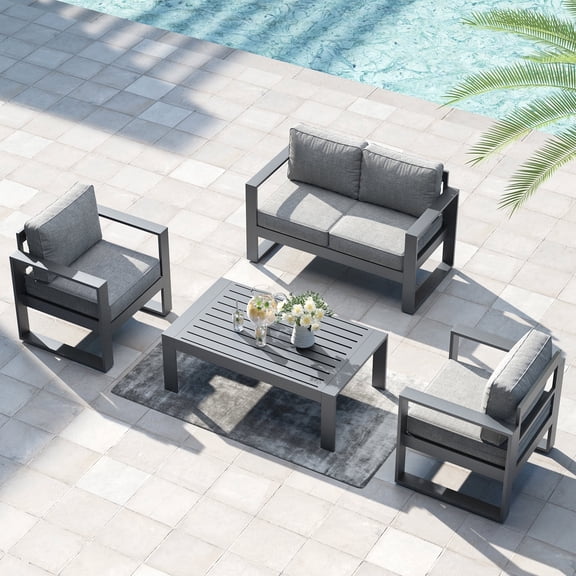 LayinSun 4 Piece Hight Back Aluminum Outdoor Furniture Set with Coffee Table, Modern Patio Conversation Sets
