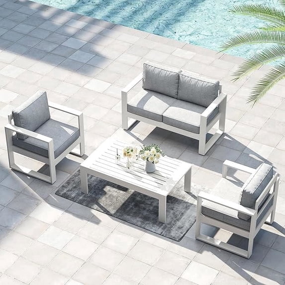 LayinSun 4 Piece Hight Back Aluminum Outdoor Furniture Set with Coffee Table, Modern Patio Conversation Sets