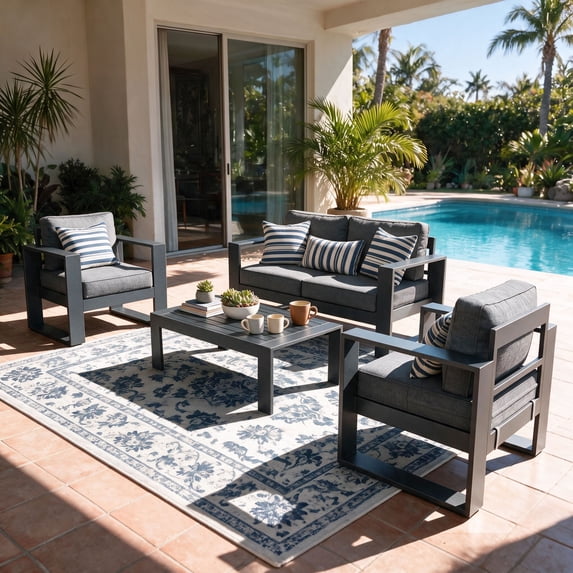 LayinSun 4 Piece Hight Back Aluminum Outdoor Furniture Set with Coffee Table, Modern Patio Conversation Sets