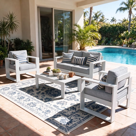 LayinSun 4 Piece Hight Back Aluminum Outdoor Furniture Set with Coffee Table, Modern Patio Conversation Sets
