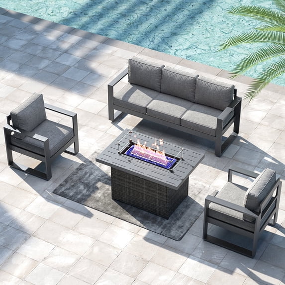 LayinSun 4 Piece Hight Back Aluminum Outdoor Furniture Set with Fire Pit Table, Modern Patio Conversation Sets