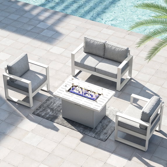 LayinSun 4 Piece Hight Back Aluminum Outdoor Furniture Set with Fire Pit Table, Modern Patio Conversation Sets