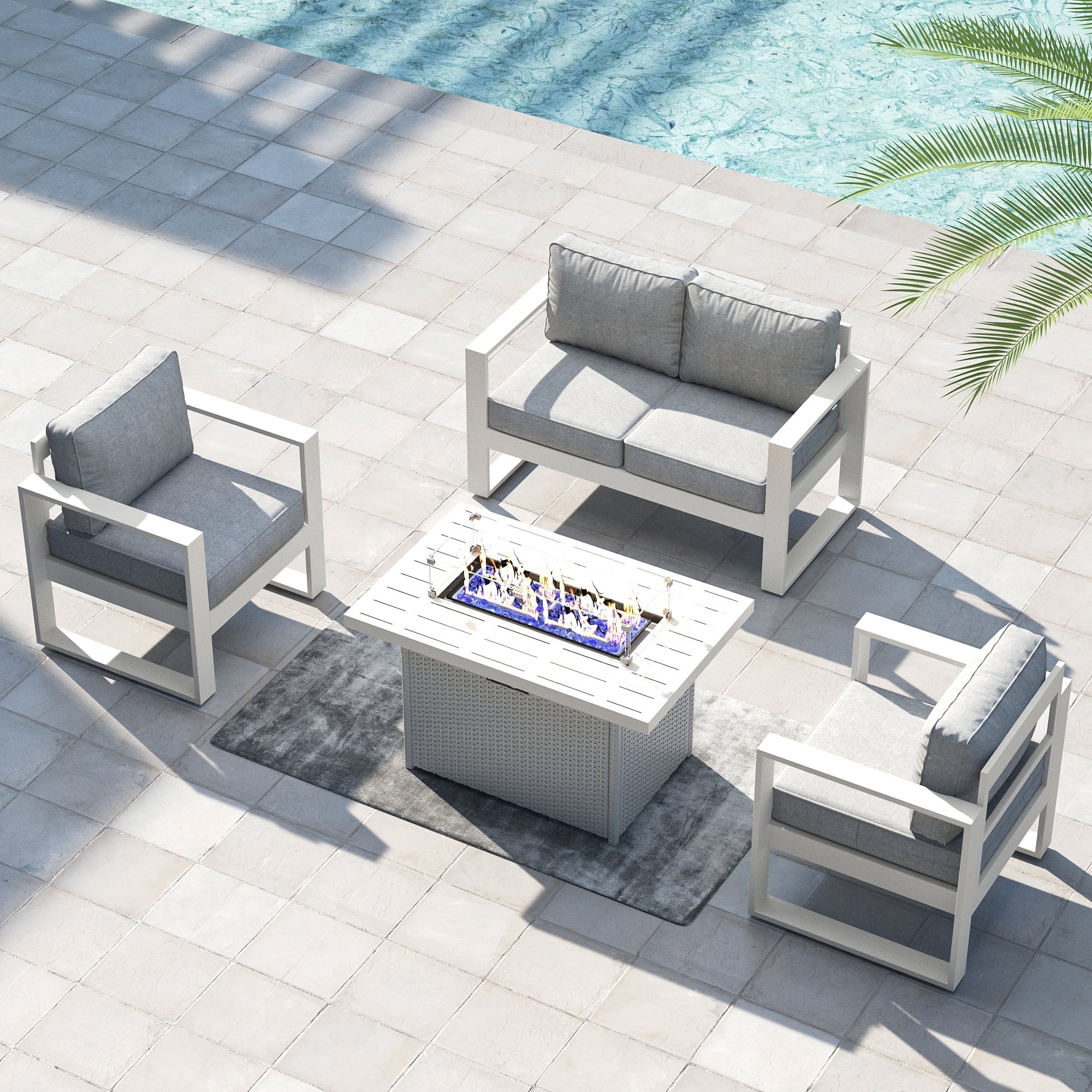 LayinSun 4 Piece Hight Back Aluminum Outdoor Furniture Set with Fire Pit Table, Modern Patio Conversation Sets