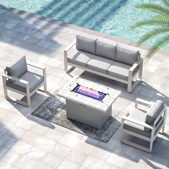 LayinSun 4 Piece Hight Back Aluminum Outdoor Furniture Set with Fire Pit Table, Modern Patio Conversation Sets