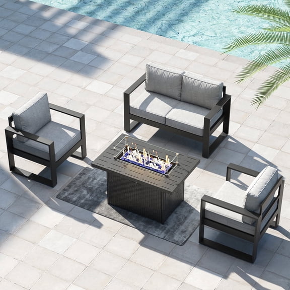 LayinSun 4 Piece Hight Back Aluminum Outdoor Furniture Set with Fire Pit Table, Modern Patio Conversation Sets