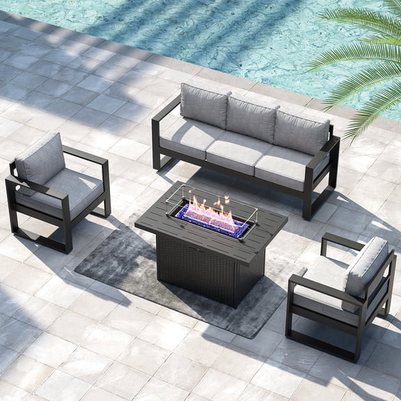 LayinSun 4 Piece Hight Back Aluminum Outdoor Furniture Set with Fire Pit Table, Modern Patio Conversation Sets