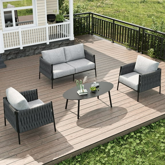 LayinSun 4 Piece Outdoor Furniture Set with Coffee Table, Modern Rope Woven Patio Conversation Sofa Set with Olefin Braid and Deep Seating