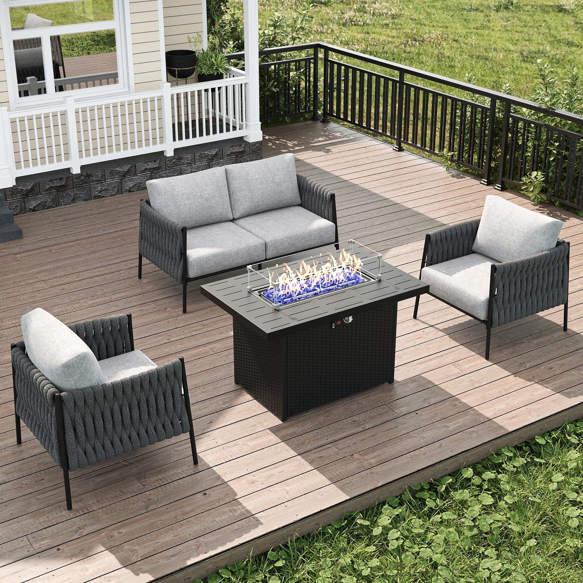 LayinSun 4 Piece Outdoor Furniture Set with Fire Pit Table, Modern Rope Woven Patio Conversation Sofa Set with Olefin Braid and Deep Seating
