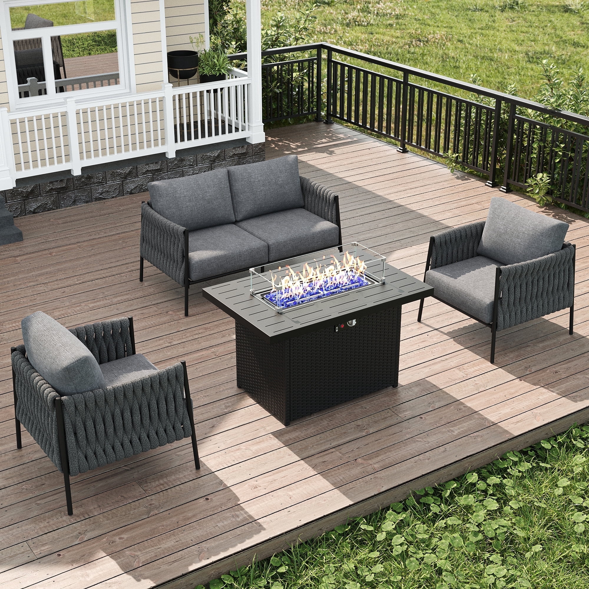 LayinSun 4 Piece Outdoor Furniture Set with Fire Pit Table, Modern Rope Woven Patio Conversation Sofa Set with Olefin Braid and Deep Seating