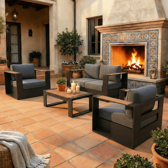 LayinSun 4 Pieces Aluminum Patio Furniture Set with Coffee Table, Oversized Outdoor Conversation Set 4 Seats with 6" Thick Cushions for Outside Porch, Balcony, Deck