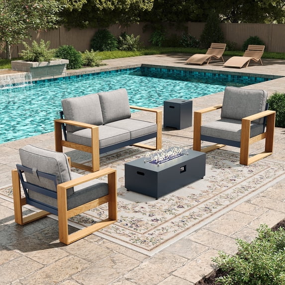 LayinSun 4 Pieces Aluminum Patio Furniture Set with Fire Pit Table, Oversized Seat with Hight Back, Outdoor Conversation Sets for Porch, Balcony, Deck