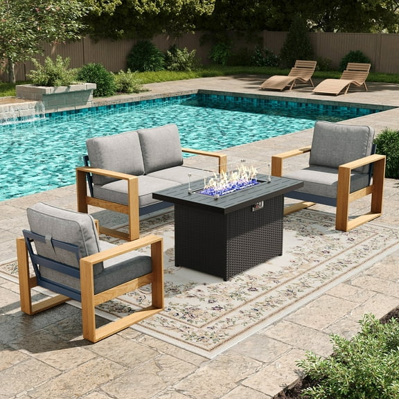 LayinSun 4 Pieces Aluminum Patio Furniture Set with Fire Pit Table, Oversized Seat with Hight Back, Outdoor Conversation Sets for Porch, Balcony, Deck