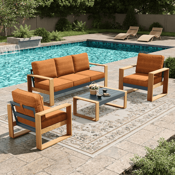 LayinSun 4 Pieces Aluminum Patio Furniture Set with Coffee Table, Oversized Seat with Hight Back, Outdoor Conversation Sets for Porch, Balcony, Deck