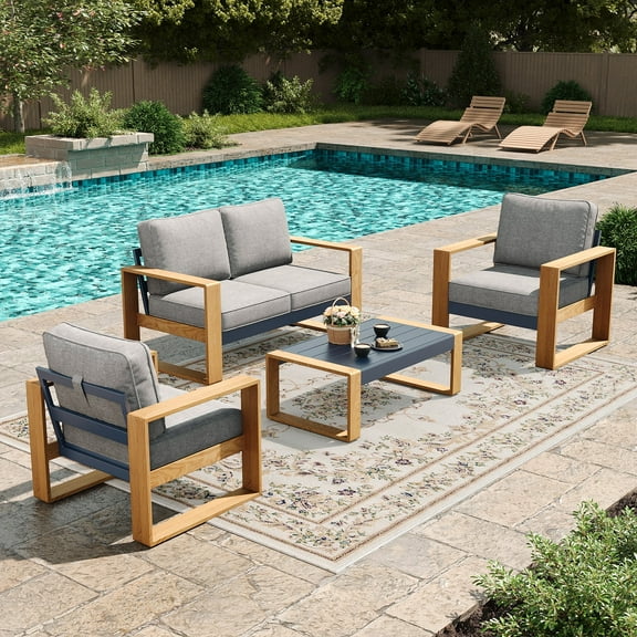 LayinSun 4 Pieces Aluminum Patio Furniture Set with Coffee Table, Oversized Seat with Hight Back, Outdoor Conversation Sets for Porch, Balcony, Deck